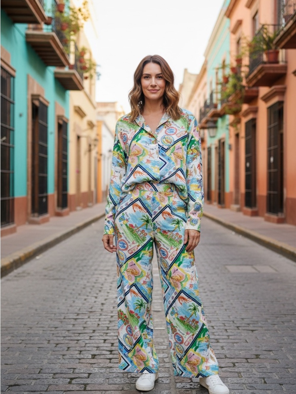 Talbots Coastal Print Button Front Shirt & Wide Leg Pants Set Size Medium - Picture 1 of 16